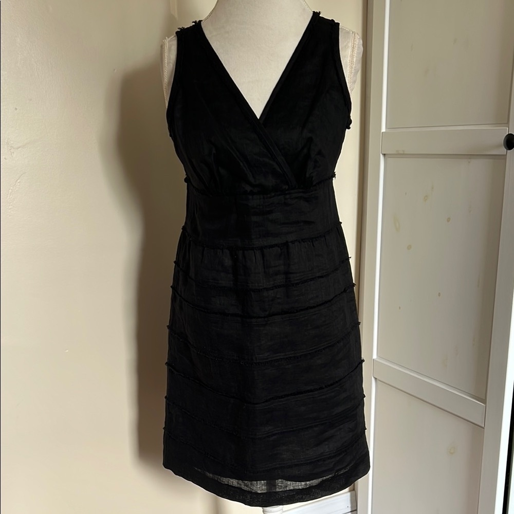 Talbots Black Sheath Linen Dress V-Neck Sleeveless